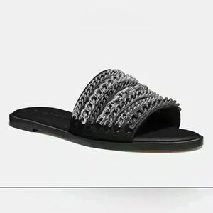 Coach Black Slide Sandals with Silver Chain Accents New